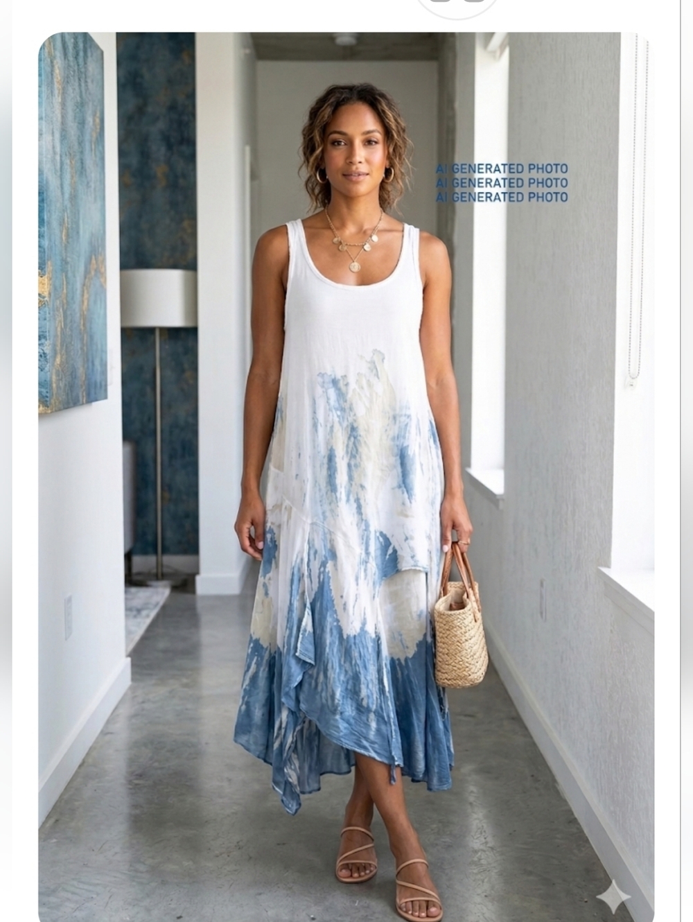 Flawed Women's White & Light Blue Tie-Dye Tank Dress